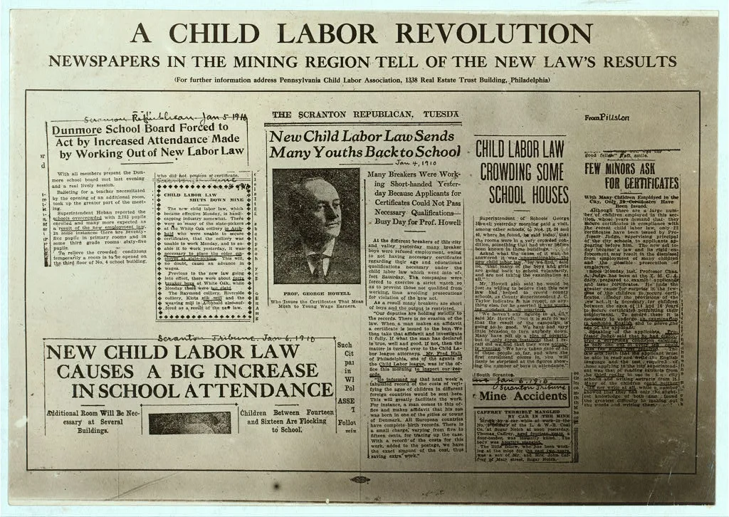 Newspaper comments on new child labor law in Penn.  Location:…, Pennsylvania, 1910