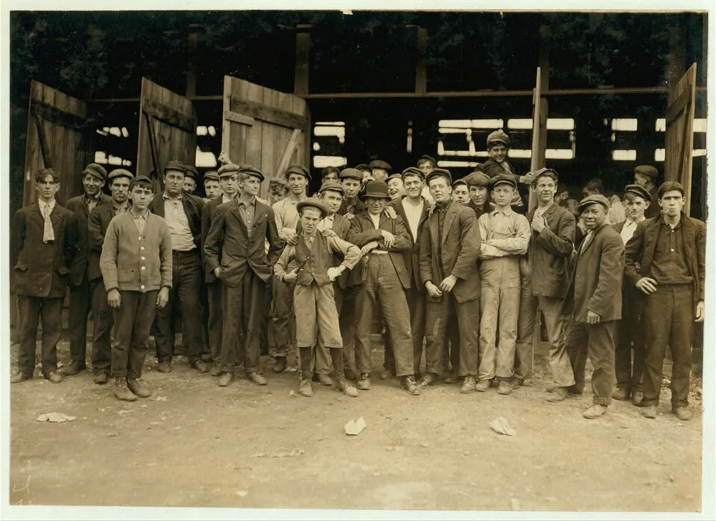 Workers in More-Jones Glass Co., Bridgeton, N.J. Small boy in middle…, New Jersey, 1909