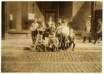 #880. A Group of Boot-Blacks in Bowdoin Square, a Passing Juvenile…, Massachusetts, 1909