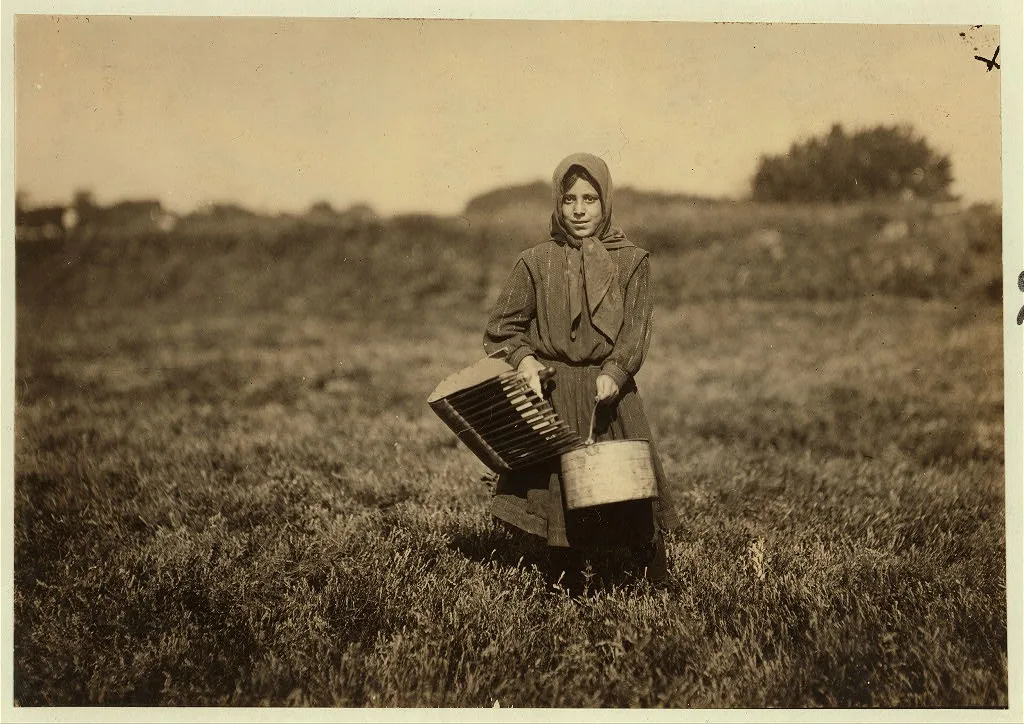 Carrie Maderyos ready to pick. Said 12 years old - 2nd year picking.…, Massachusetts, 1911