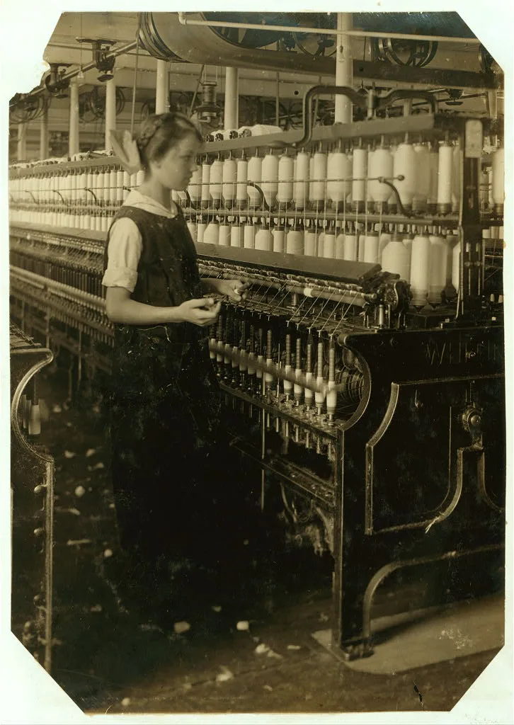 King Philip Spinning Room. Spare hand on spinning frames. Alphonsine…, Massachusetts, 1916