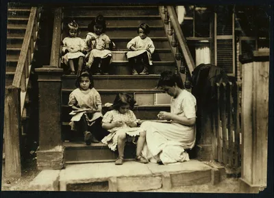 Typical group of workers on tags. Steps of Mrs. Dolan, 279 Highland…, Massachusetts, 1912