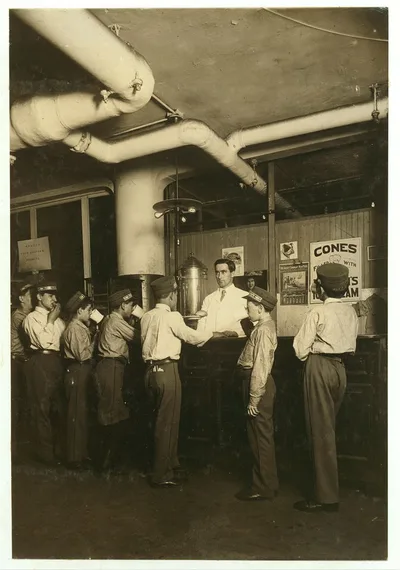 Lunch counter at Postal Tel. Office, B'[road]way.  Location: New…, New York (State), 1910