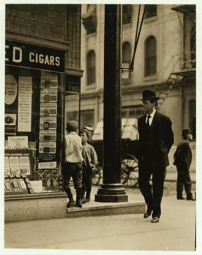 Photograph from 1910: Newsboys, begging tobacco coupons. Edward F.…