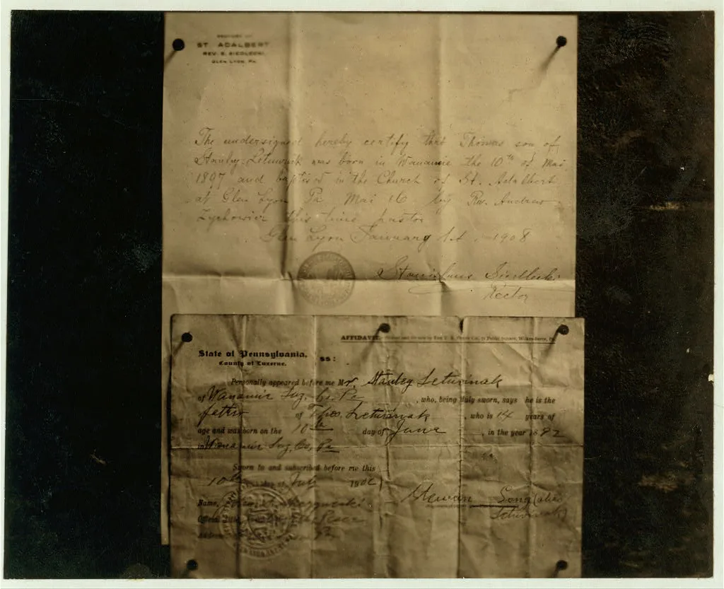 Comparison of Baptisimal Record and Age Certificate of Stanley…, Pennsylvania, 1911