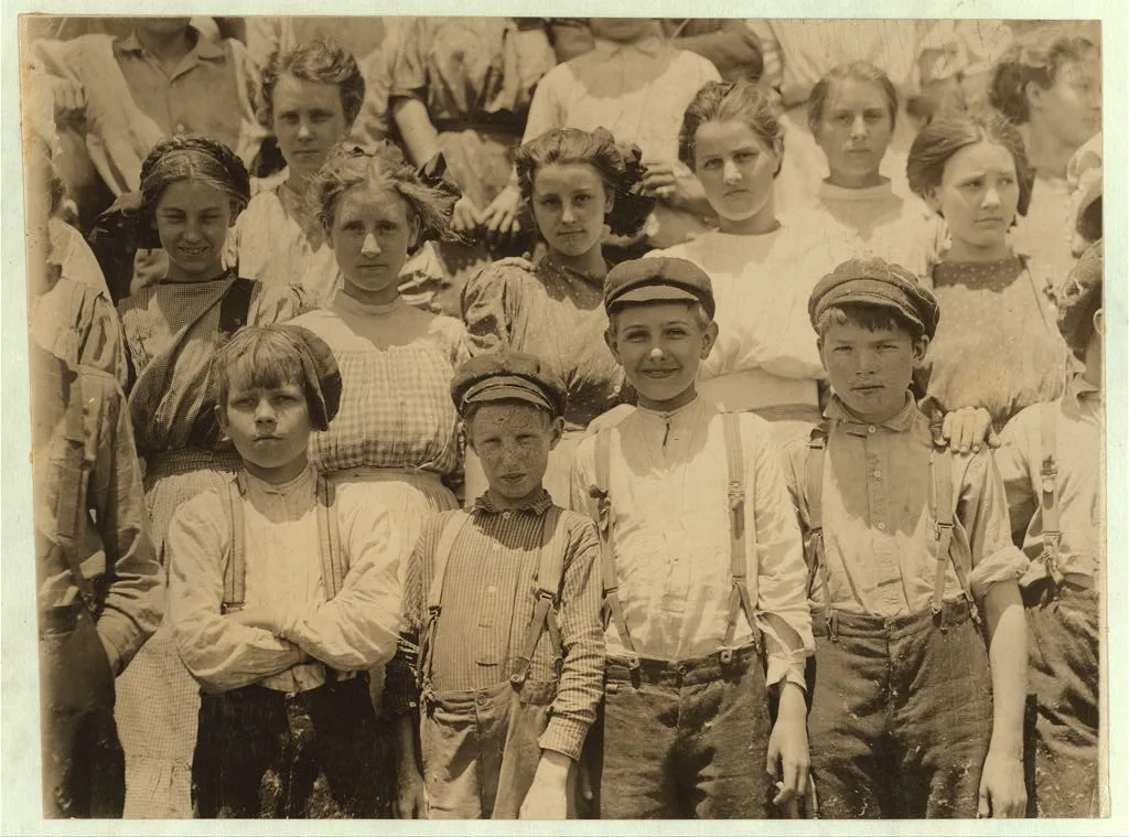 Detail of faces of younger workers in Aragon Mill, Rock Hill. Several…, South Carolina, 1912