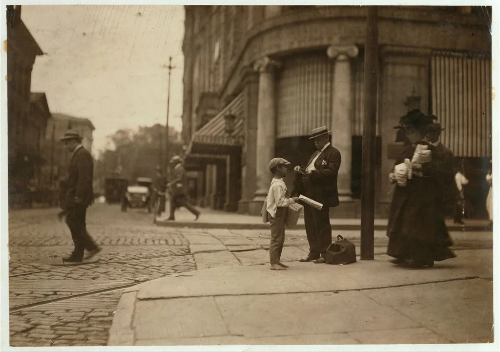 10 year old newsie. Note absence of badge or indication of…, Massachusetts, 1911