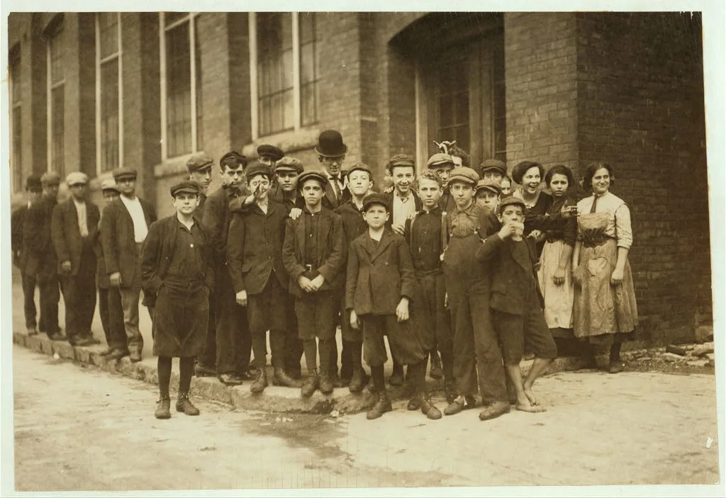 Group of workers in Eclipse Mills. Second boy from right was afraid…, Massachusetts, 1911