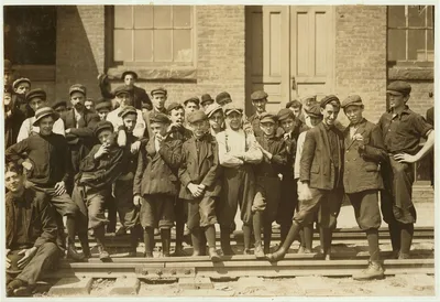 Group in front of Indian Mfg. Co. Everyone in photo was working. …, Massachusetts, 1911