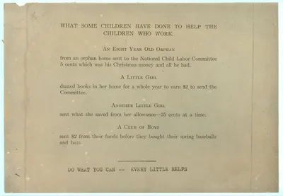 [Printed page of text: "What Some Children Have Done to Help the…, 1913