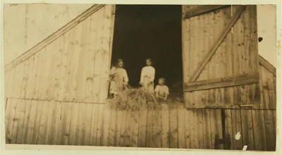Three Saunders children, nine, eleven, and thirteen years old, mowing…, 1915