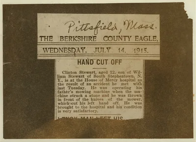 Rural Accident. Clipping from Pittsfield paper describing accident to…, Massachusetts, 1915