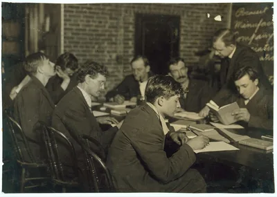 Class in English for employees. Pocasset Mill. After day's work. …, Massachusetts, 1916
