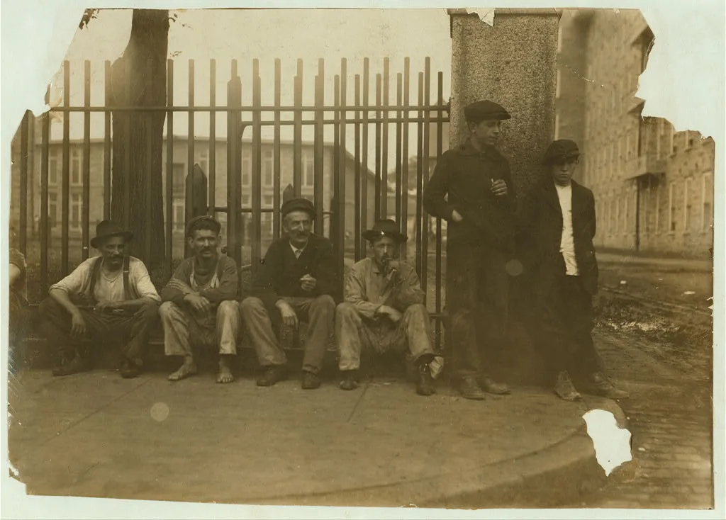Group around gate of Durfee Mill at noon. 15 year old boy was looking…, Massachusetts, 1916